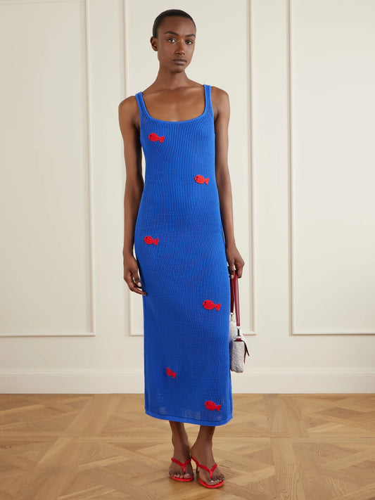 Image of Dresses. Product name - + Da Adolfo Pietro Crocheted Embroidered Midi Dress in Blue colour by brand - STAUD