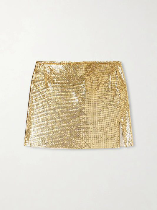 Image of a model wearing Skirts. Product name - Chainmail Gold-tone Mini Skirt in Multi colour by brand - RABANNE