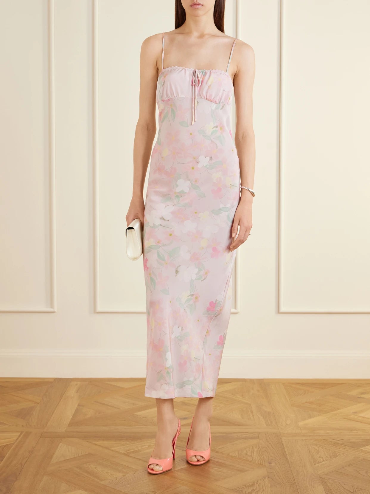 Image of Dresses. Product name - Riri Floral-print Silk-satin Midi Dress in Pink colour by brand - BERNADETTE