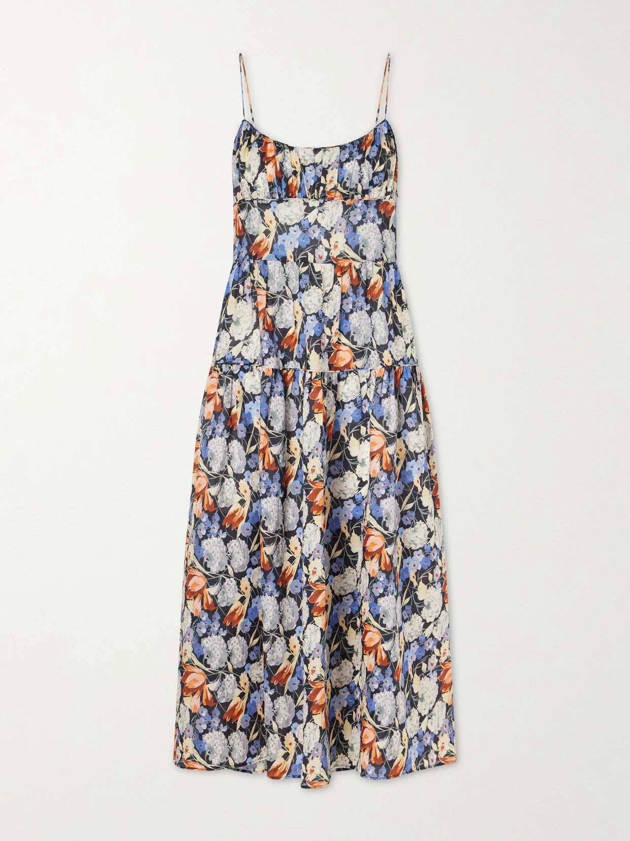 Image of Dresses. Product name - Benoit Tiered Gathered Floral-print Ramie Midi Dress in Multi colour by brand - DÔEN