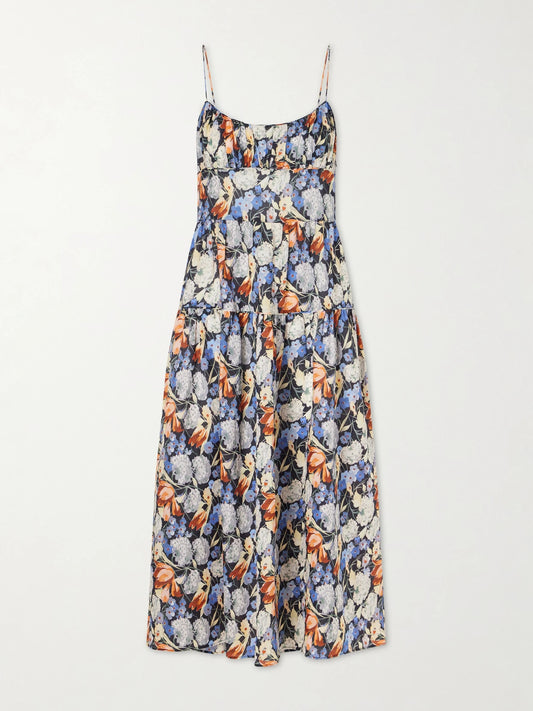 Image of Dresses. Product name - Benoit Tiered Gathered Floral-print Ramie Midi Dress in Multi colour by brand - DÔEN