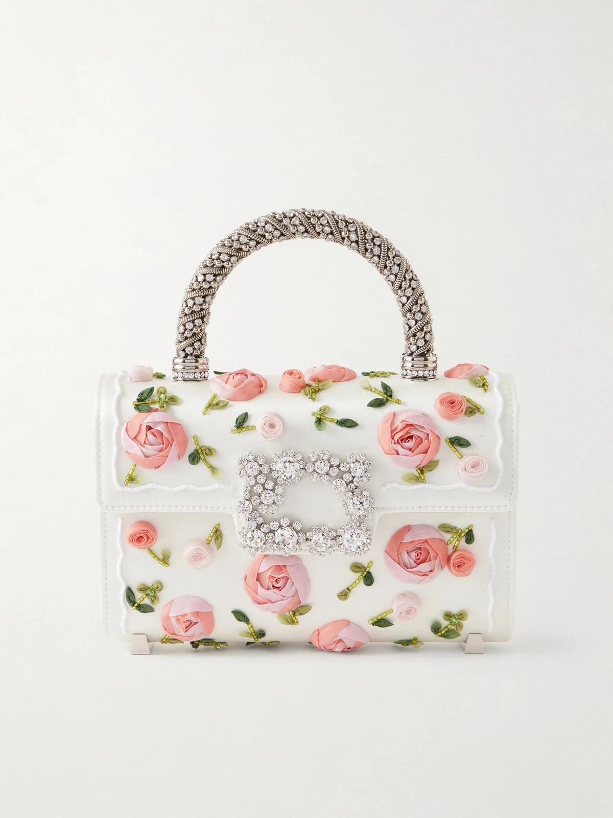 Floral-appliquéd Embellished Satin Clutch