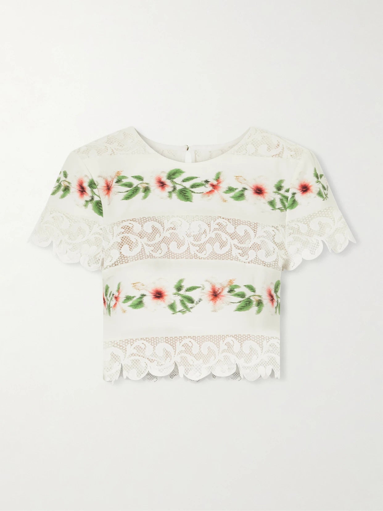 Floral-print Lace-trimmed Cotton-blend Poplin Blouse