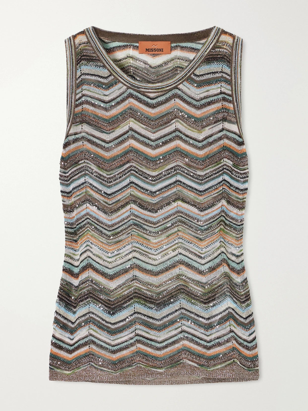 Image of a model wearing Tops. Product name - Striped Crochet-knit Halterneck Tank in Brown colour by brand - Missoni