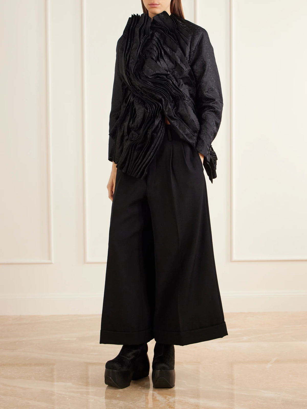 Image of Coats & Jackets. Product name - Asymmetric Pleated Floral-jacquard Jacket in Black colour by brand - Comme des Garçons