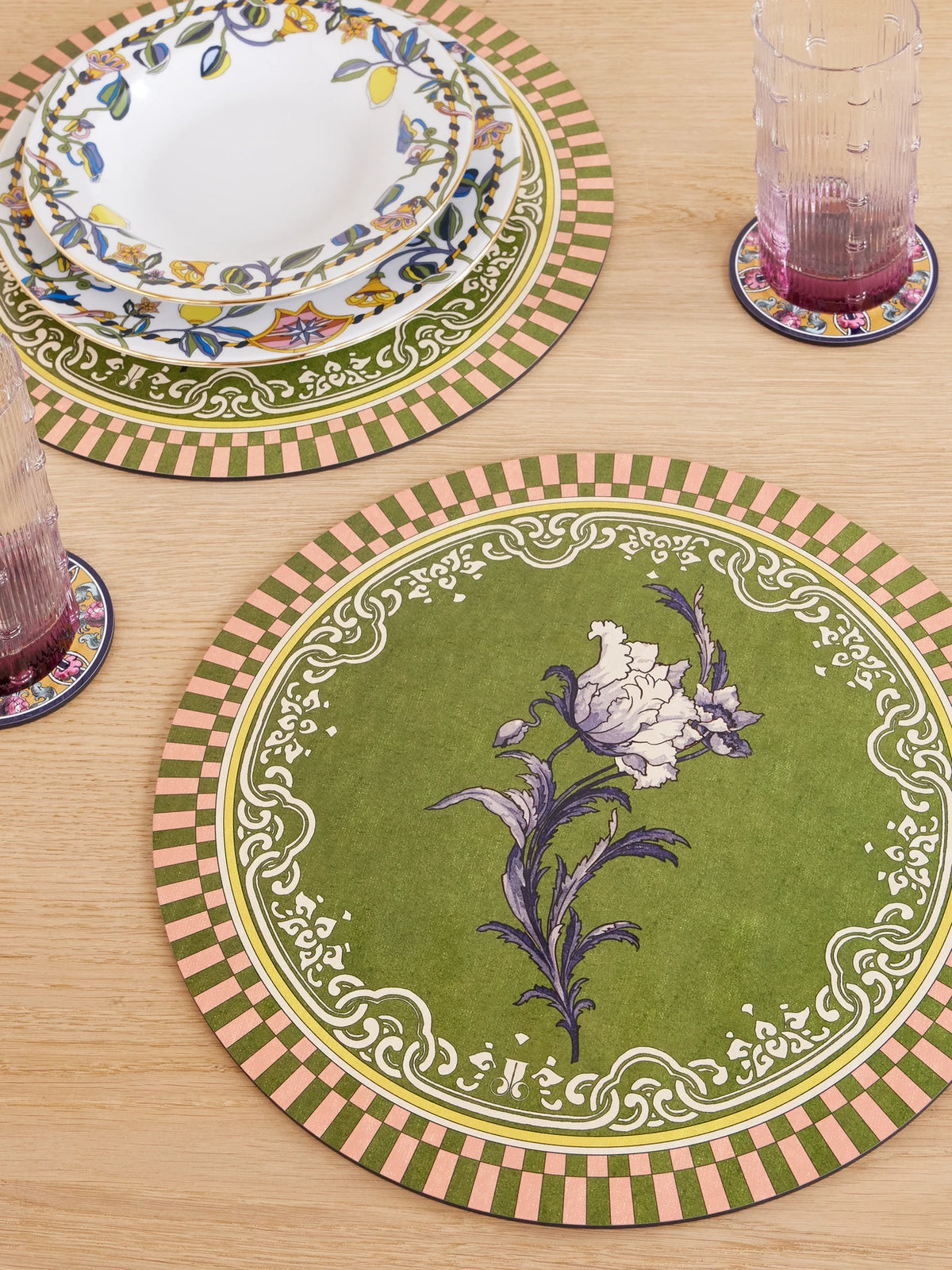 Image of Tableware. Product name - Set Of Two Painted Wood Placemats in Green colour by brand - La DoubleJ