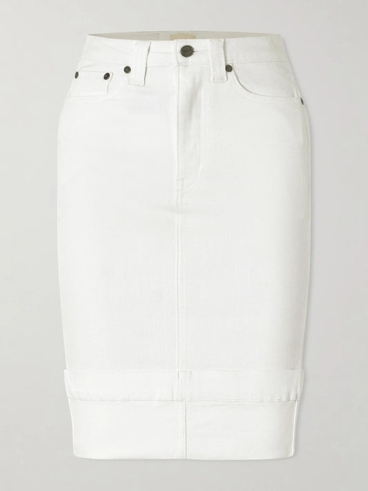 Image of Jeans. Product name - Kendra Denim Midi Skirt in White colour by brand - KHAITE