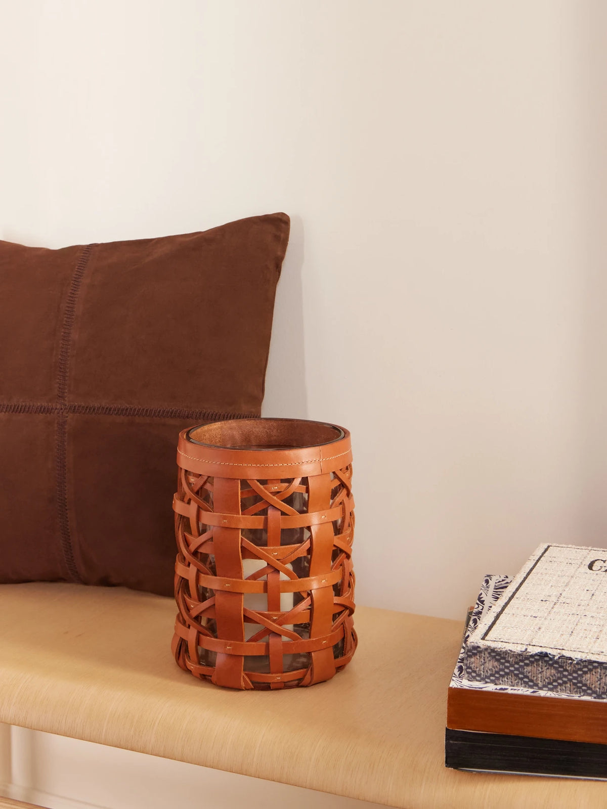Image of Decor. Product name - Preston Mini Woven Leather And Glass Hurricane Candle Holder in Brown colour by brand - Ralph Lauren Home