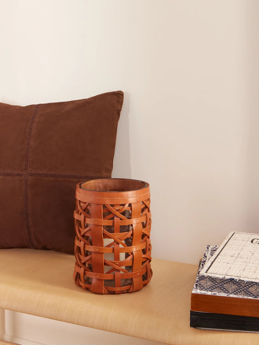 Image of Decor. Product name - Preston Mini Woven Leather And Glass Hurricane Candle Holder in Brown colour by brand - Ralph Lauren Home