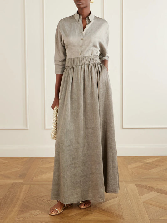 Image of a model wearing Tops. Product name - Theresa Dupioni Shirt in Gray colour by brand - Cortana