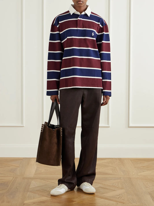 Image of a model wearing Tops. Product name - Logo-embroidered Striped Cotton-corduroy Polo Shirt in Multi colour by brand - Polo Ralph Lauren