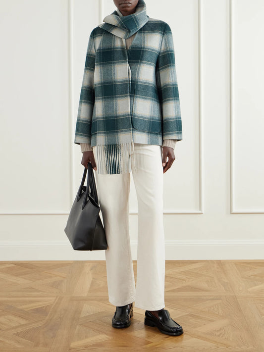 Image of Coats & Jackets. Product name - Alderton Scarf-detailed Checked Wool-blend Coat in Green colour by brand - Varley