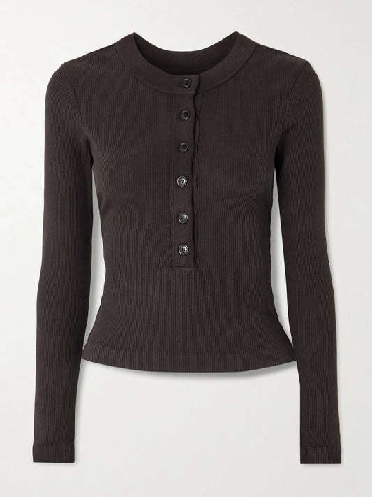 Image of a model wearing Tops. Product name - Varra Ribbed Stretch Organic Cotton And Lyocell-blend Henley Top in Chocolate colour by brand - Citizens of Humanity