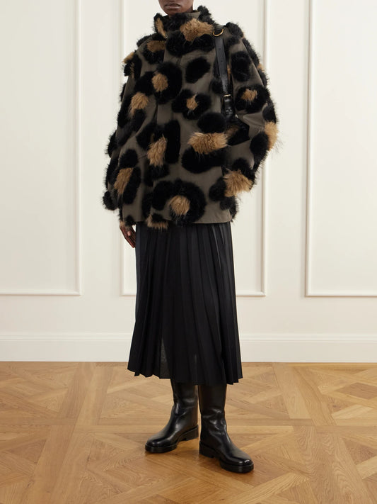 Image of Coats & Jackets. Product name - Leopard-effect Plush-trimmed Cotton-twill Jacket in Multi colour by brand - Sacai