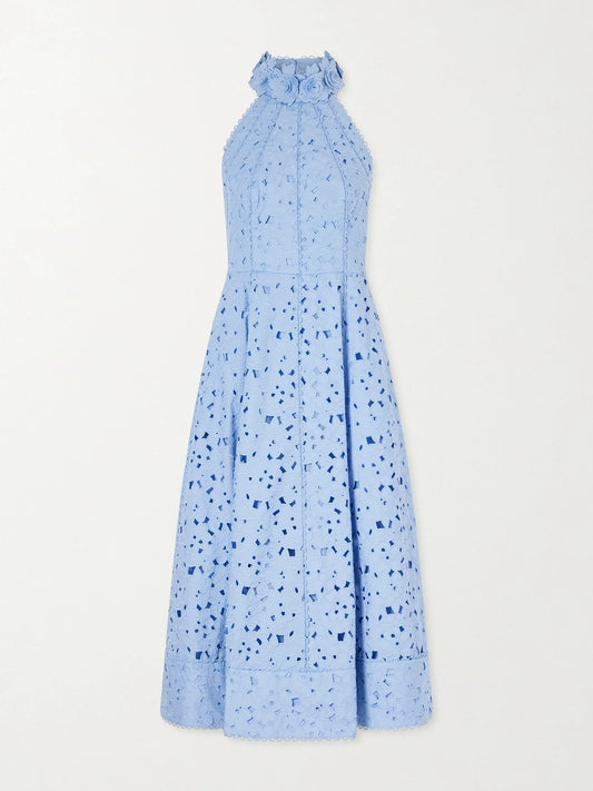 Image of Dresses. Product name - Nuvola Appliquéd Broderie Anglaise Cotton Halterneck Midi Dress in Blue colour by brand - Rebecca Vallance