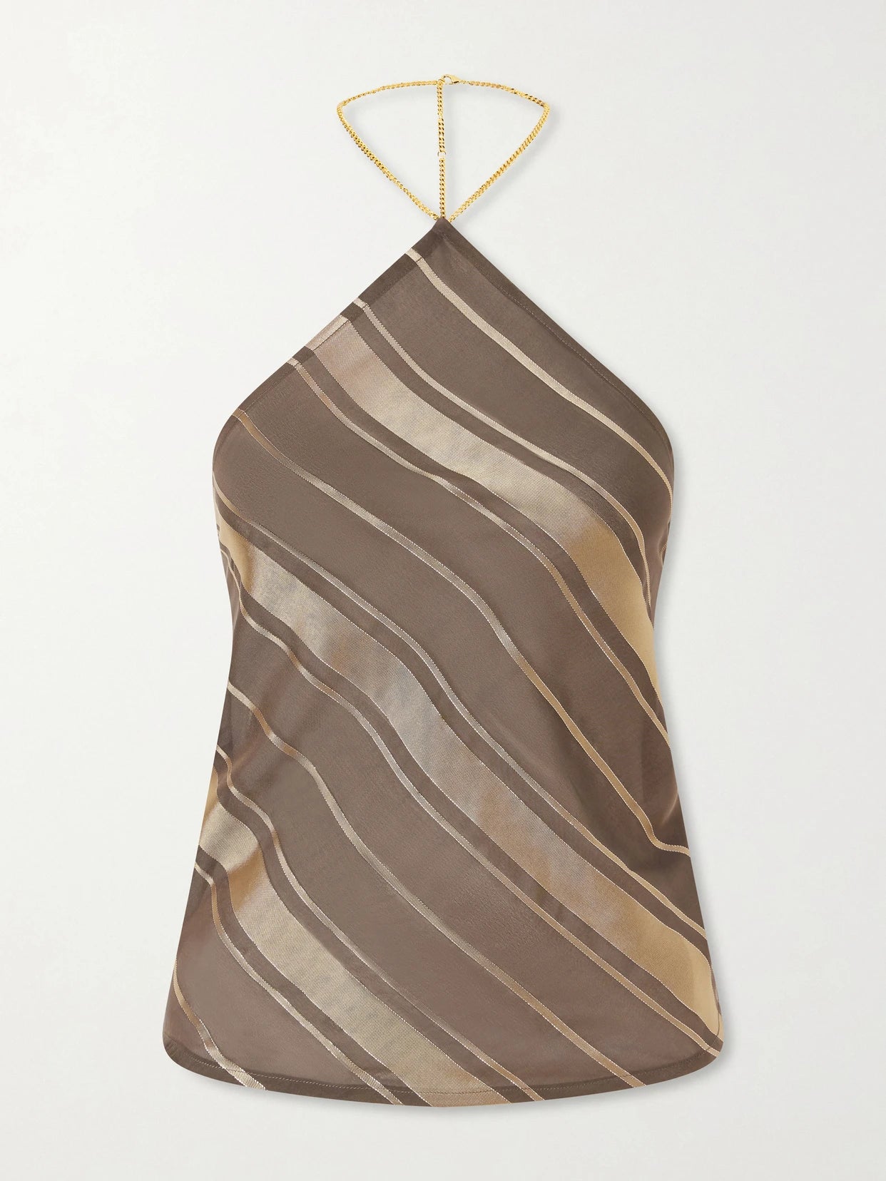Image of a model wearing Tops. Product name - Striped Open-back Satin Tank in Light brown colour by brand - Stella McCartney