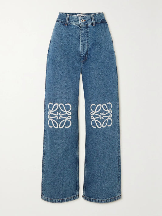 Image of Jeans. Product name - Anagram Appliquéd High-rise Wide-leg Jeans in Mid denim colour by brand - LOEWE
