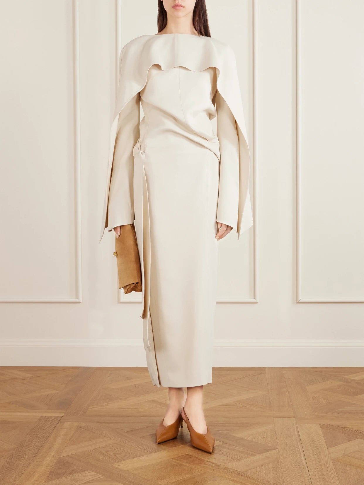 Image of Dresses. Product name - Yon Scarf-detailed Draped Satin-crepe Midi Dress in Cream colour by brand - KHAITE
