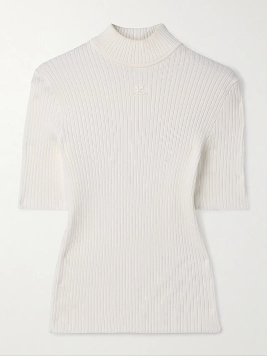 Image of a model wearing Outerwear. Product name - Appliquéd Ribbed-knit Top in White colour by brand - COURREGES