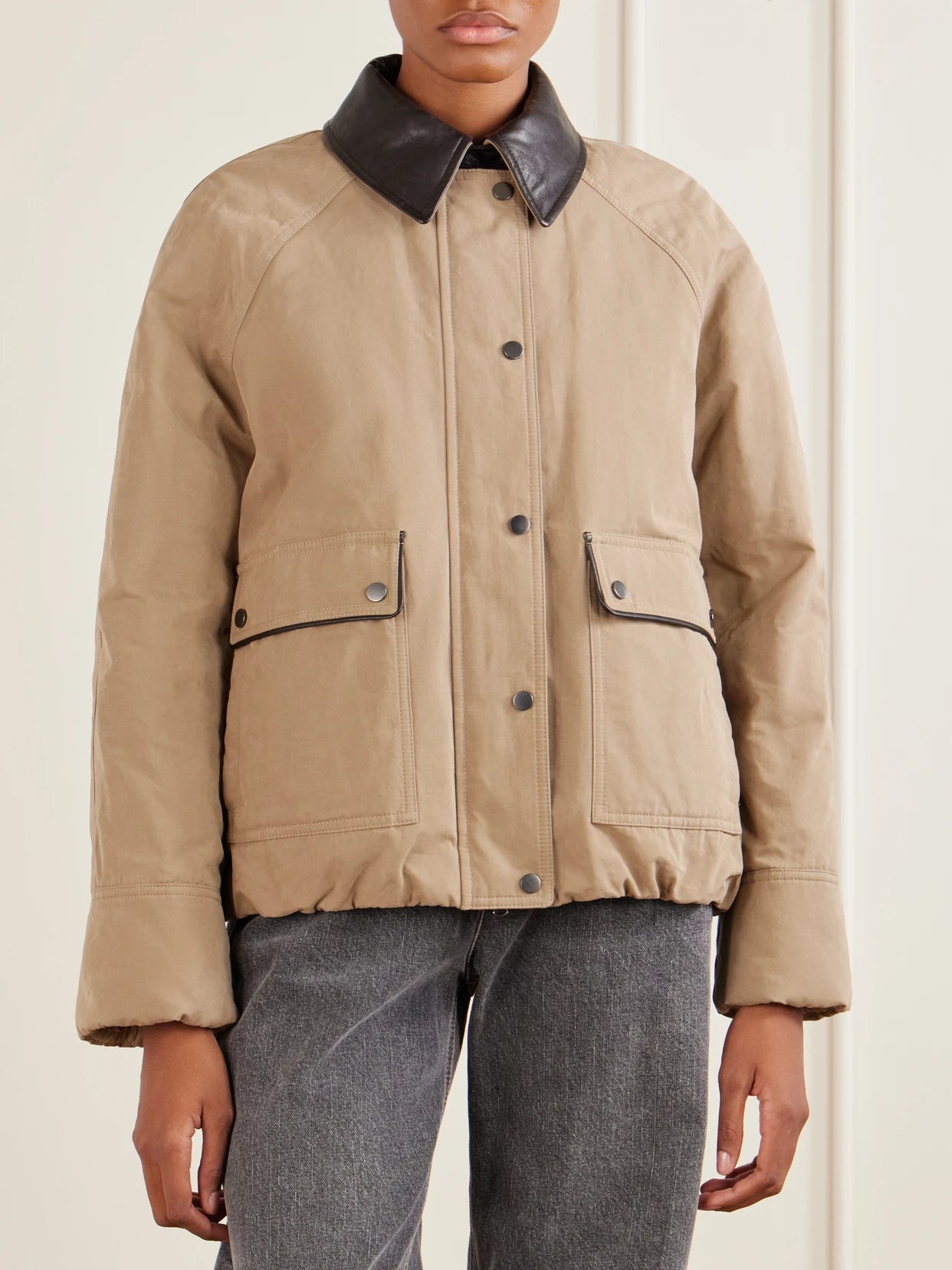 Leather-trimmed Padded Canvas Jacket