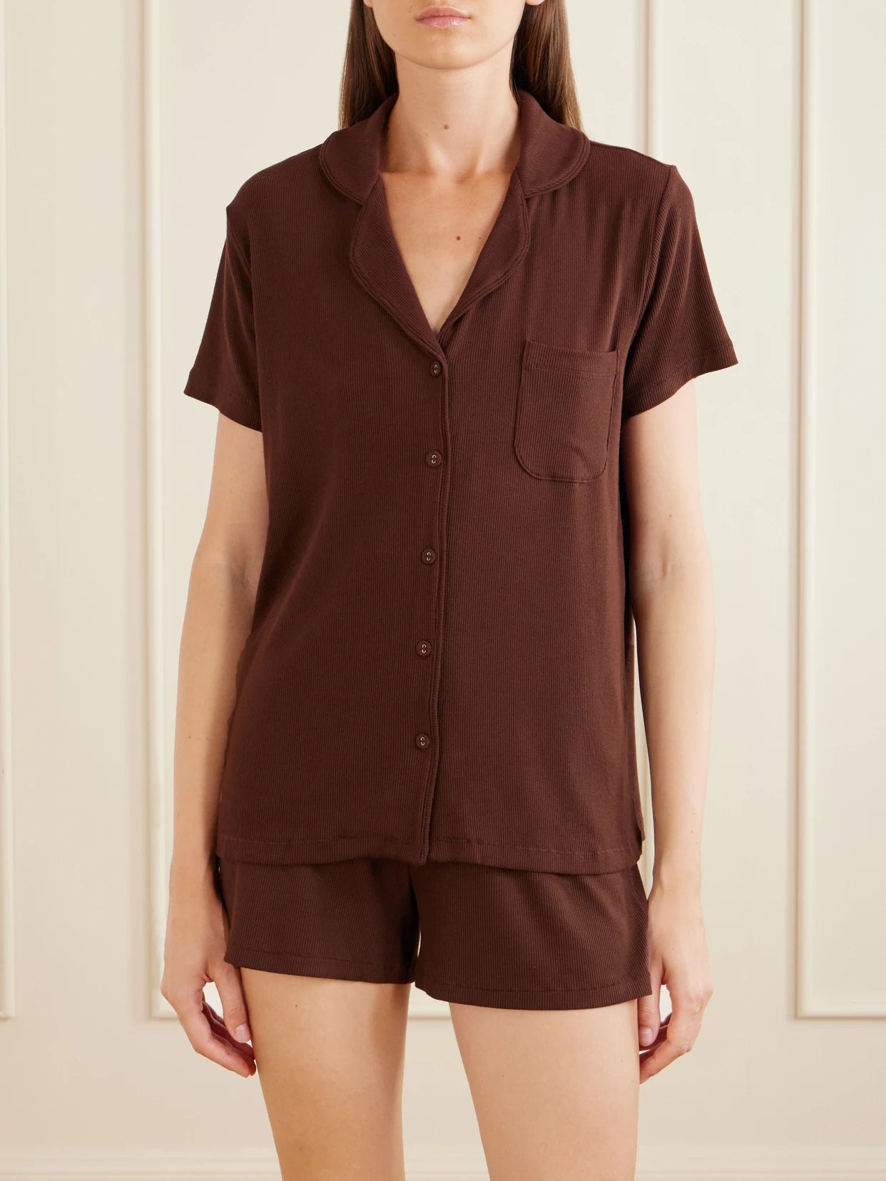 Image of Lingerie. Product name - Soft Lounge Ribbed Modal-blend Pajama Set in Brown colour by brand - SKIMS