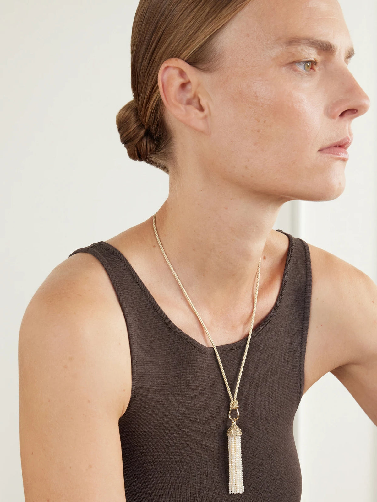 Image of Necklaces. Product name - Reverie Tassel 14-karat Recycled Gold, Diamond And Pearl Necklace in Multi colour by brand - By Pariah