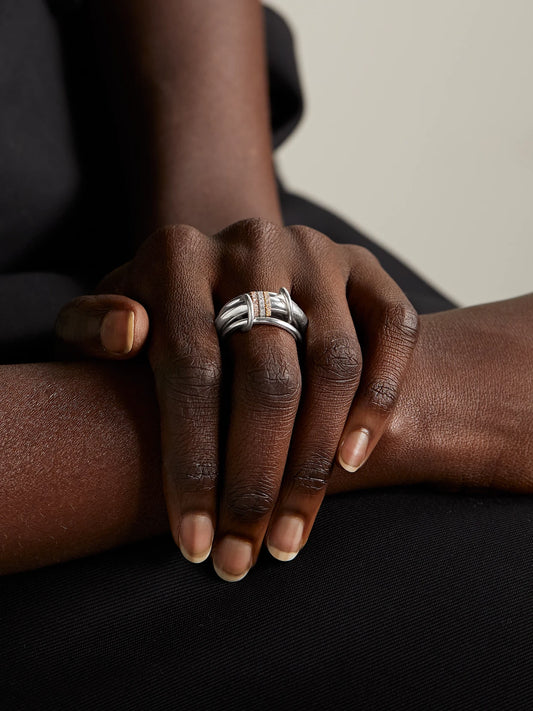 Image of Rings. Product name - Gemini Set Of Three 18-karat White, Yellow And Rose Gold Diamond Rings in Silver colour by brand - Spinelli Kilcollin