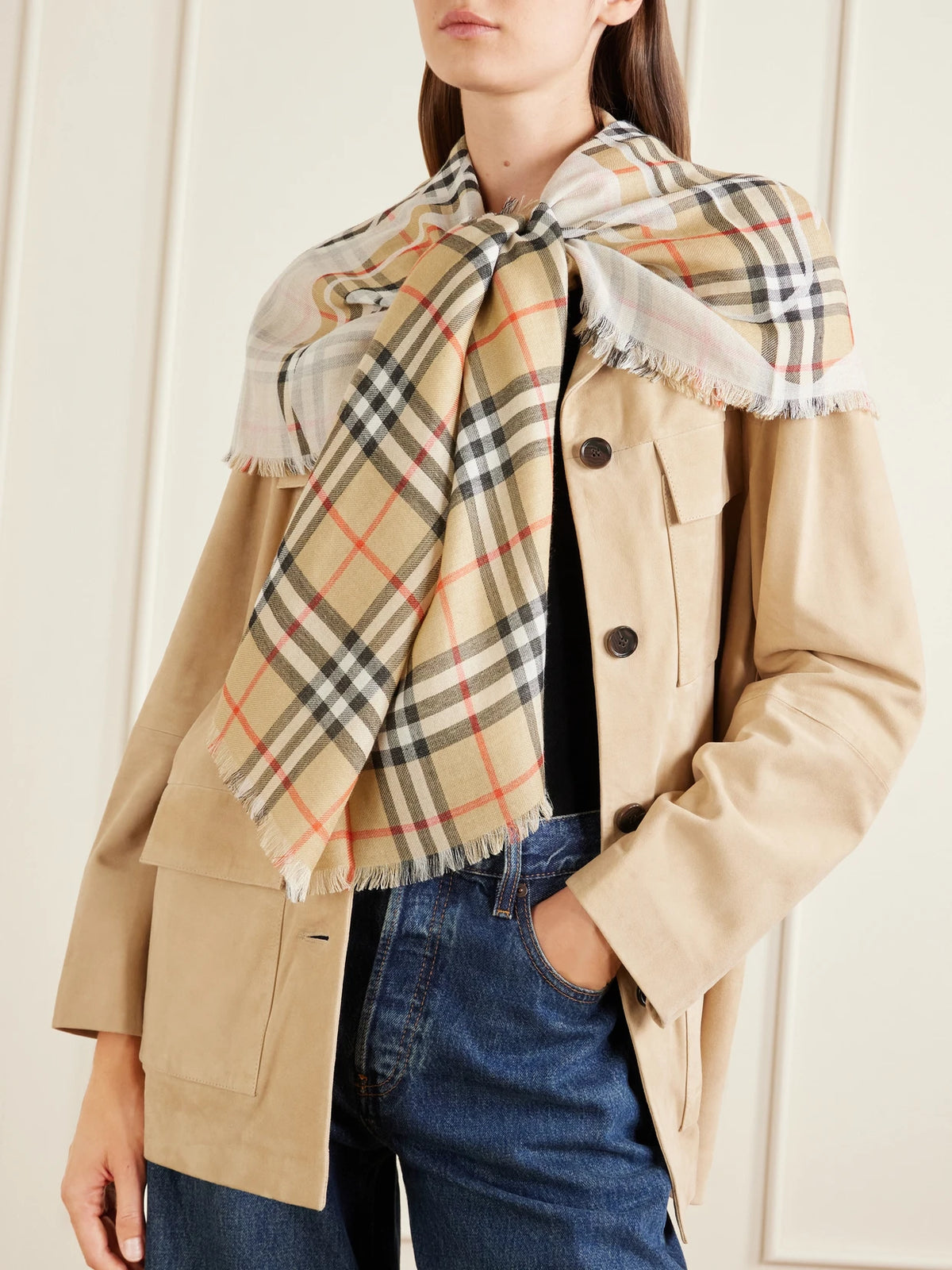 Image of Scarves & Shawls. Product name - Frayed Printed Checked Wool And Silk-blend Scarf in Beige colour by brand - Burberry