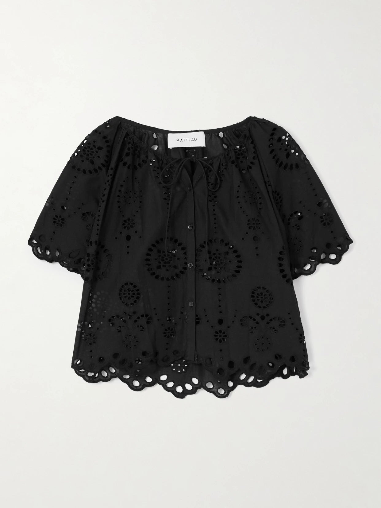 Image of a model wearing Tops. Product name - Scalloped Broderie Anglaise Cotton-poplin Shirt in Black colour by brand - Matteau