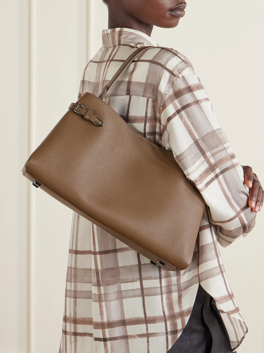 Image of Bags. Product name - Leather Shoulder Bag in Brown colour by brand - Brunello Cucinelli
