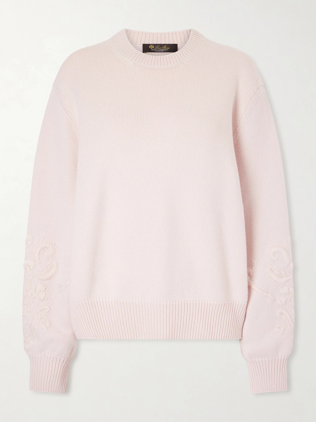 Image of a model wearing Outerwear. Product name - Embroidered Cashmere Sweater in Baby pink colour by brand - Loro Piana