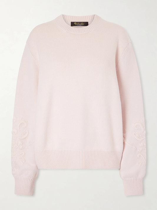 Image of a model wearing Outerwear. Product name - Embroidered Cashmere Sweater in Baby pink colour by brand - Loro Piana