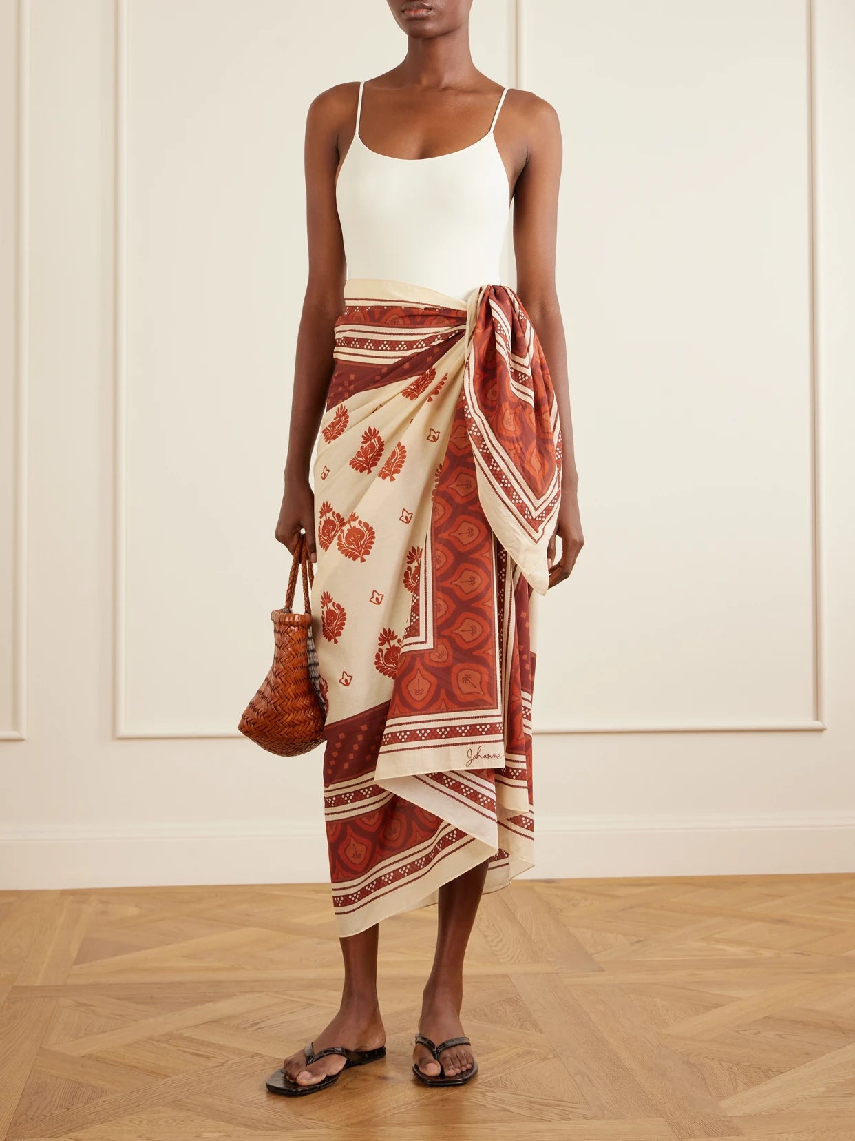 Image of Swimwear. Product name - Red Spirit Of The Rider Printed Cotton Pareo in Brown colour by brand - Johanna Ortiz