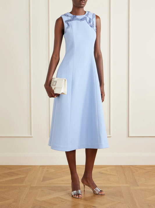 Image of Dresses. Product name - Aylin Embellished Cady Midi Dress in Light blue colour by brand - Rebecca Vallance