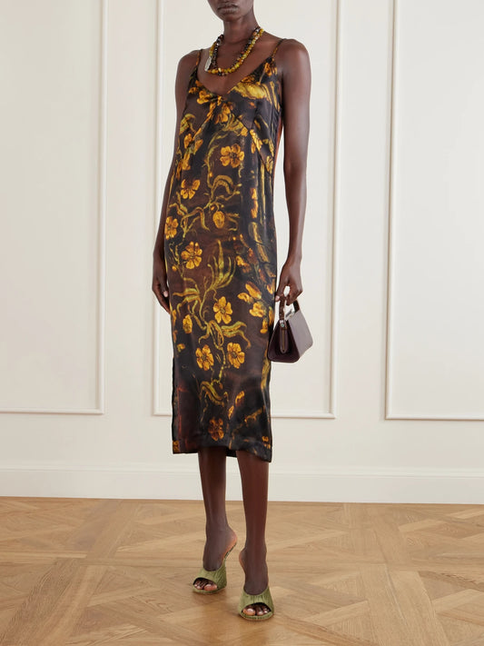 Image of Dresses. Product name - Floral-print Silk-satin Midi Dress in Black colour by brand - Dries Van Noten