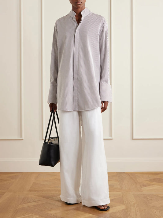 Image of a model wearing Tops. Product name - Mandarin-collar Striped Cotton-poplin Tunic in Pink colour by brand - Comme Si