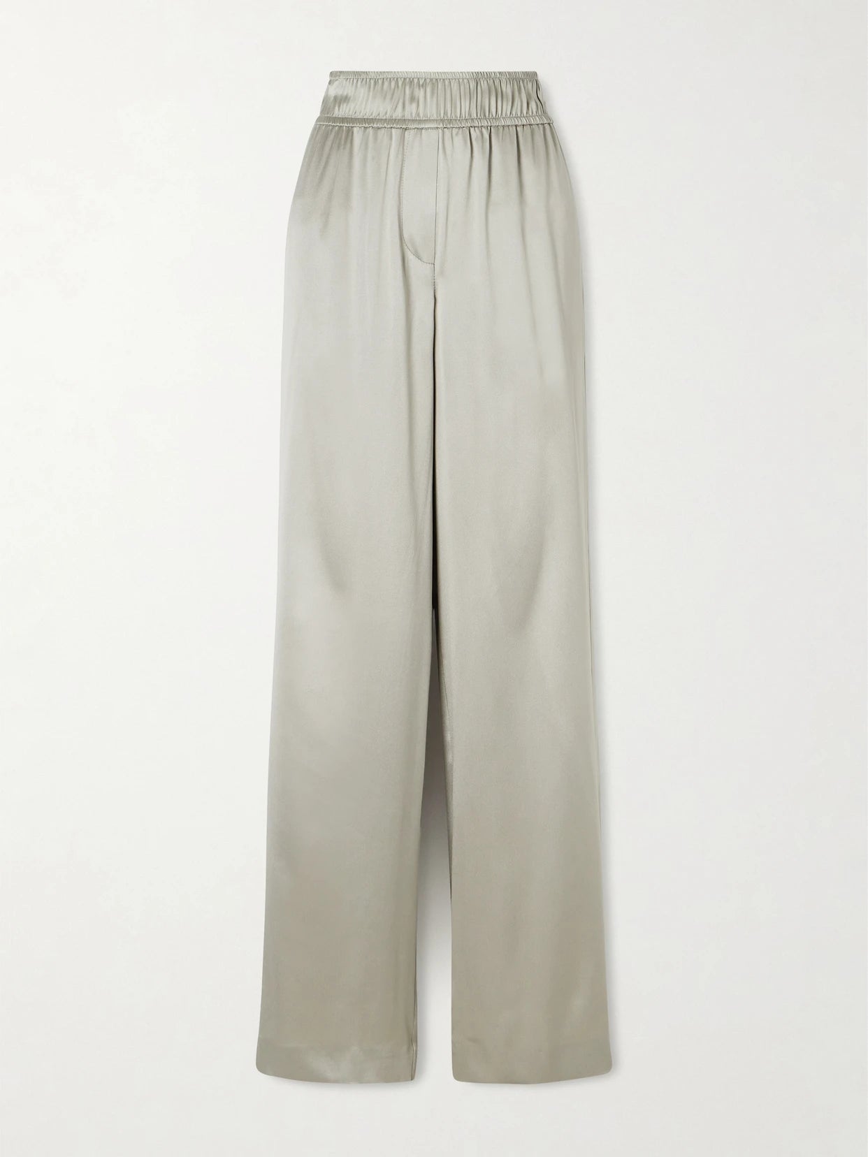 Image of a model wearing Pants. Product name - Silk-blend Satin Wide-leg Pants in Rose gold colour by brand - Brunello Cucinelli