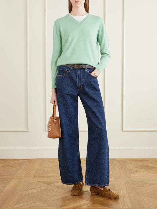 Image of a model wearing Outerwear. Product name - Slim Cashmere And Cotton-blend Sweater in Mint colour by brand - &Daughter