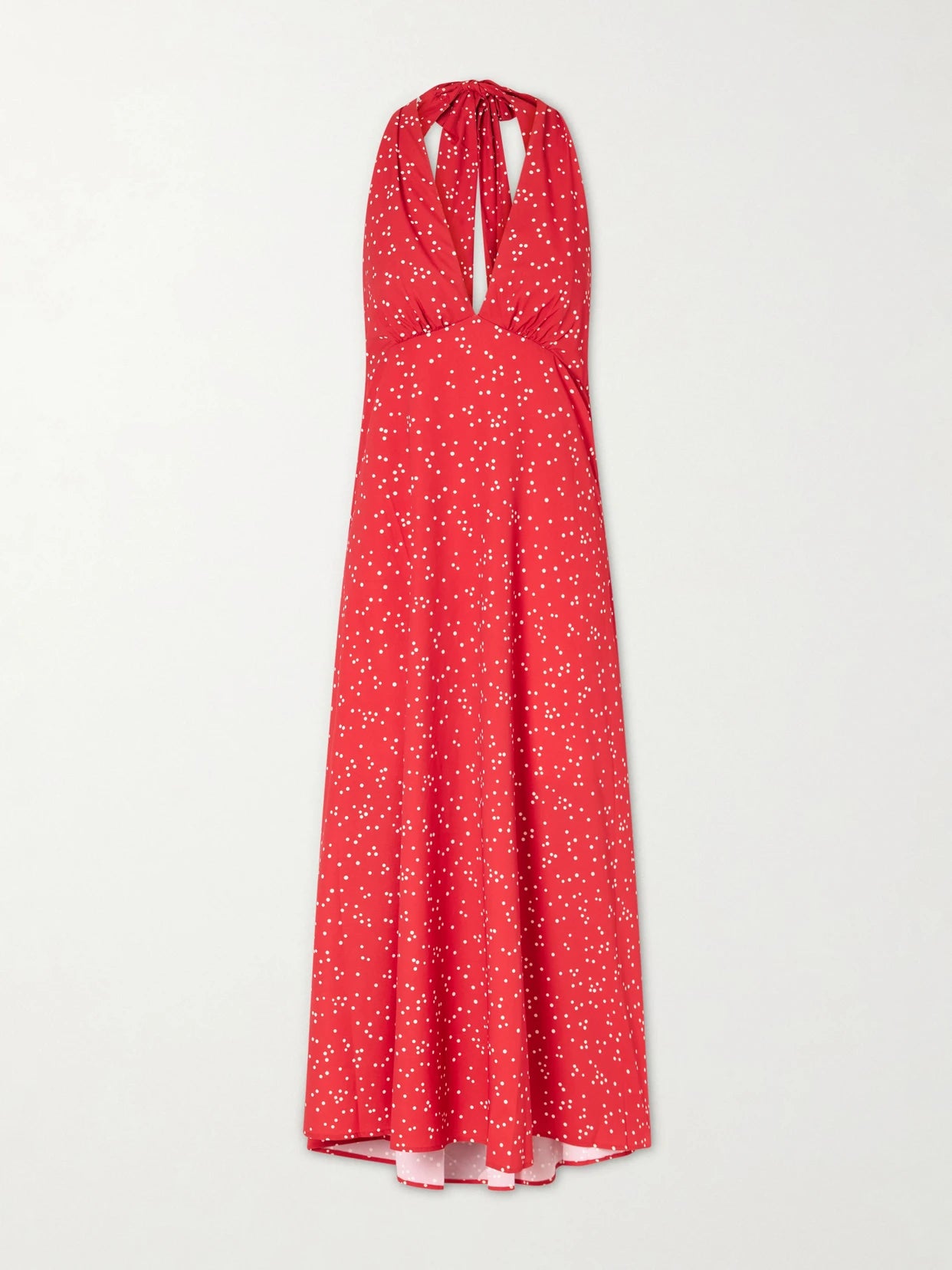 Image of Dresses. Product name - Jennah Polka-dot Recycled-crepe Halterneck Midi Dress in Red colour by brand - Faithfull