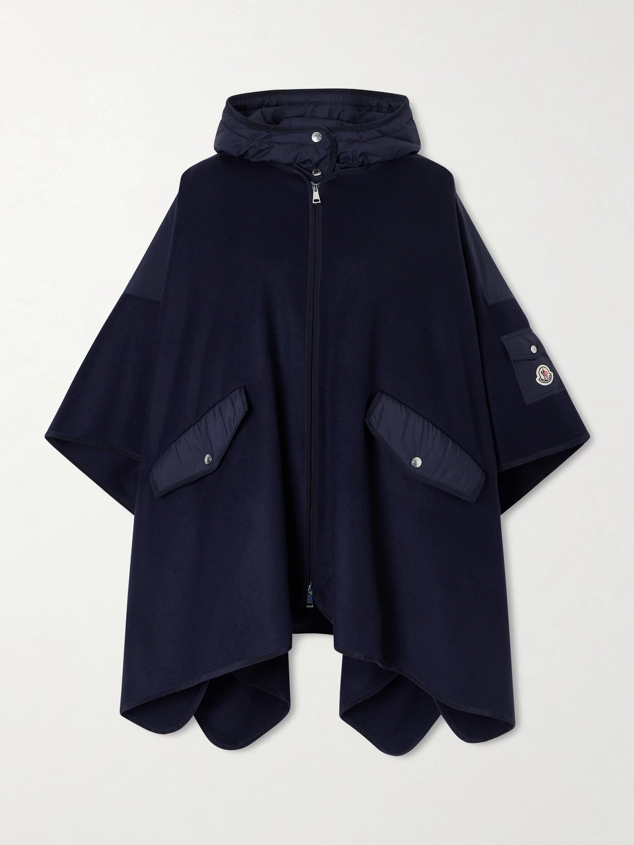 Image of Coats & Jackets. Product name - Hooded Appliquéd Shell-trimmed Wool-blend Cape in Navy colour by brand - Moncler