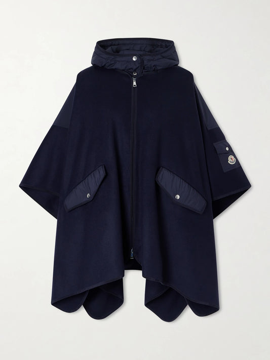 Image of Coats & Jackets. Product name - Hooded Appliquéd Shell-trimmed Wool-blend Cape in Navy colour by brand - Moncler