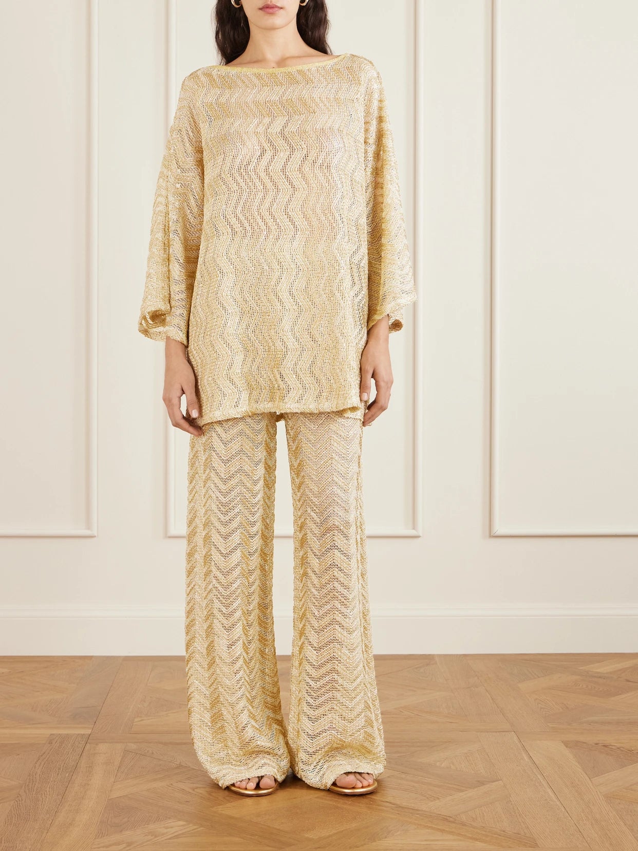 Image of Swimwear. Product name - Mare Metallic Crochet-knit Cover-up in Gold colour by brand - Missoni