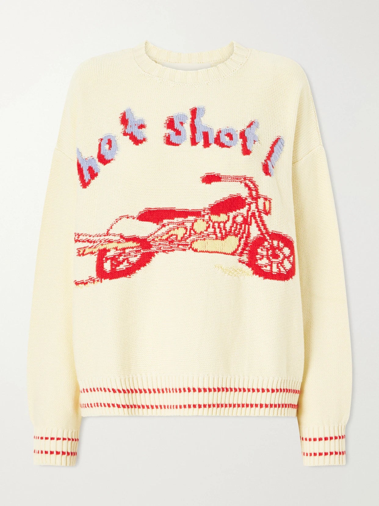 Image of a model wearing Outerwear. Product name - The Big Jumper Intarsia-knit Cotton Sweater in Yellow colour by brand - Mother