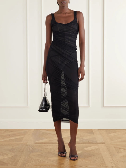 Image of Dresses. Product name - Bustier Stretch-tulle Midi Dress in Black colour by brand - The Attico