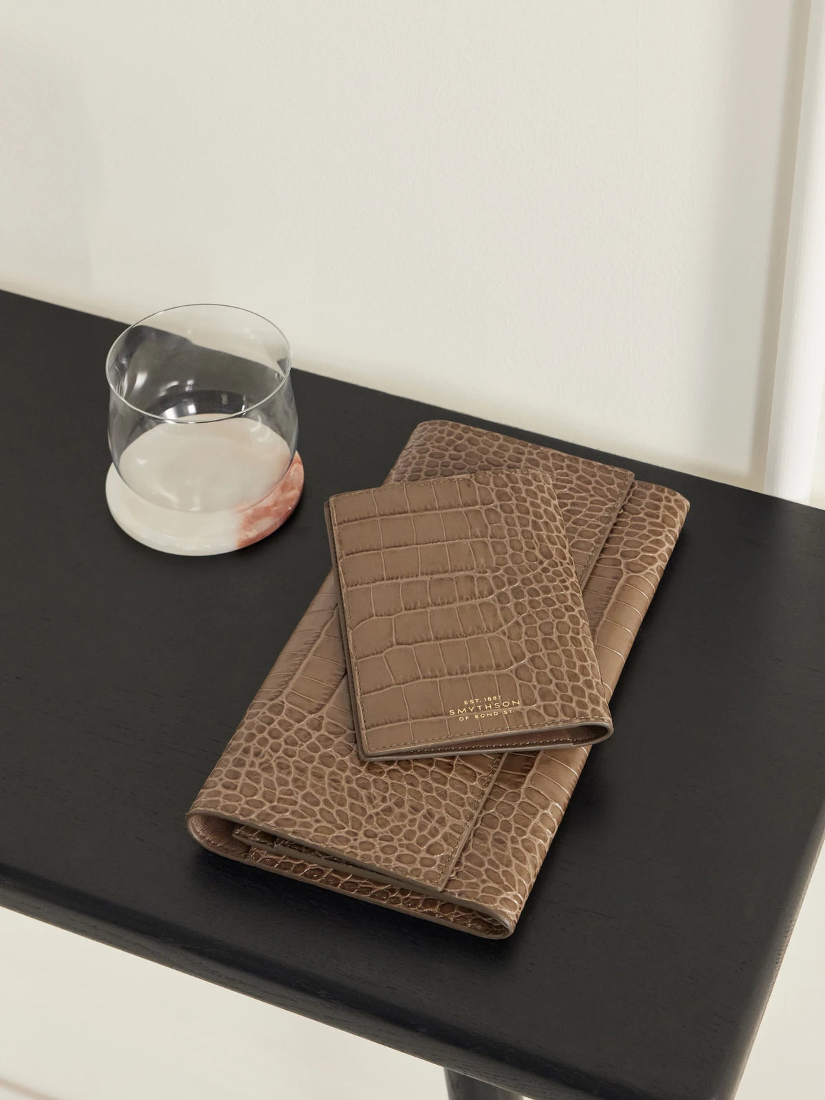 Image of Accessories. Product name - Mara Croc-effect Leather Passport Cover in Brown colour by brand - Smythson