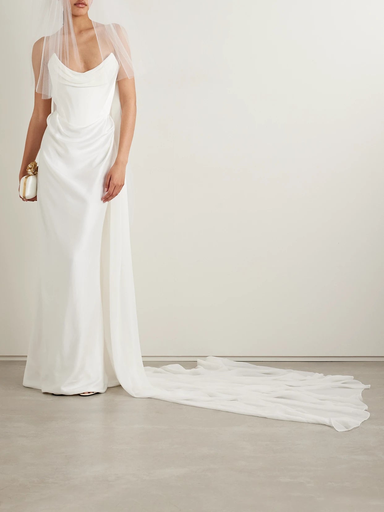 Image of Dresses. Product name - Galaxy Cape-effect Strapless Organic Silk Chiffon-trimmed Satin Gown in Off-white colour by brand - Vivienne Westwood