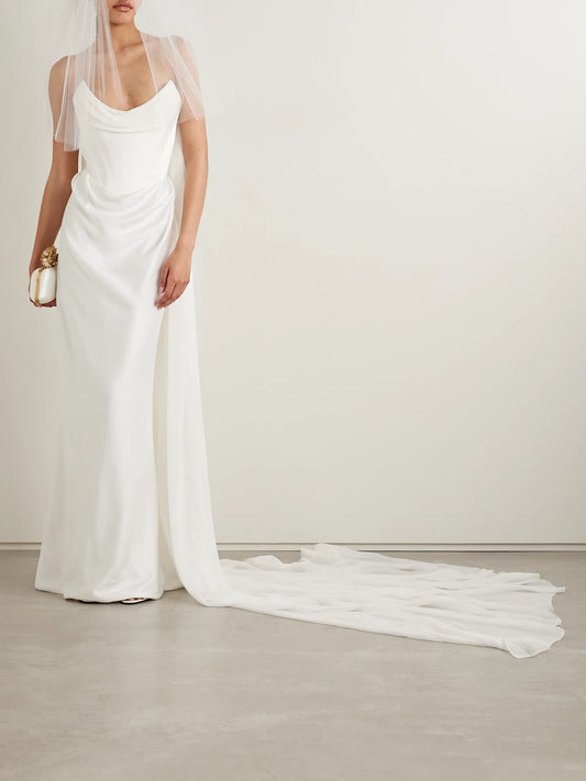 Image of Dresses. Product name - Galaxy Cape-effect Strapless Organic Silk Chiffon-trimmed Satin Gown in Off-white colour by brand - Vivienne Westwood