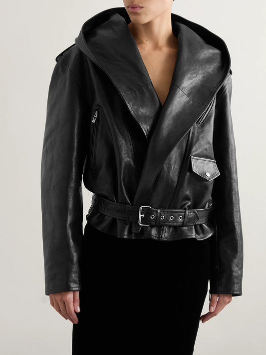 Hooded Leather Biker Jacket