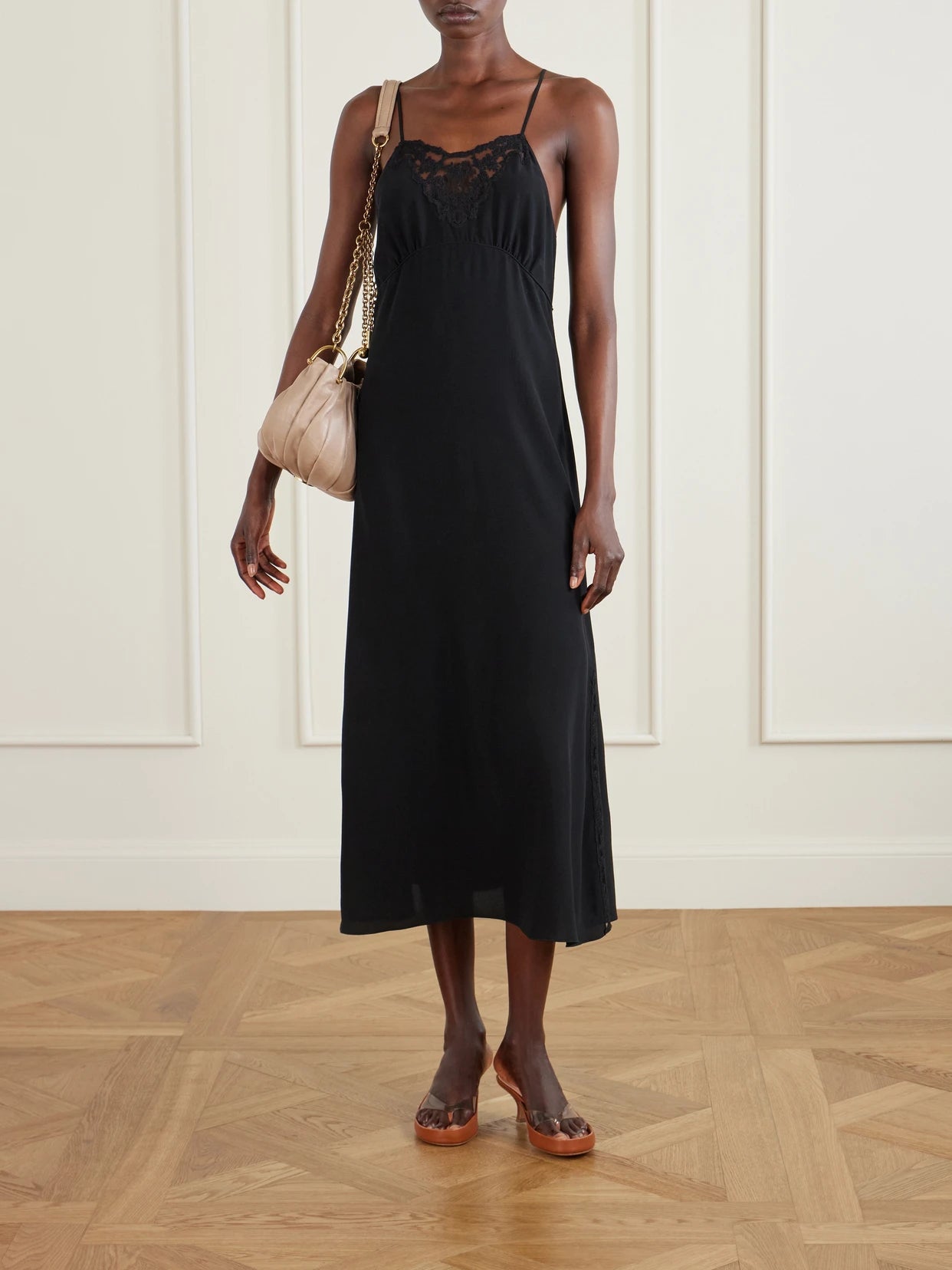 Image of Dresses. Product name - Lace-trimmed Silk Crepe De Chine Midi Dress in Black colour by brand - Chloé
