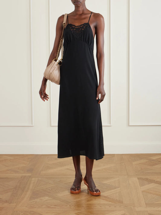 Image of Dresses. Product name - Lace-trimmed Silk Crepe De Chine Midi Dress in Black colour by brand - Chloé